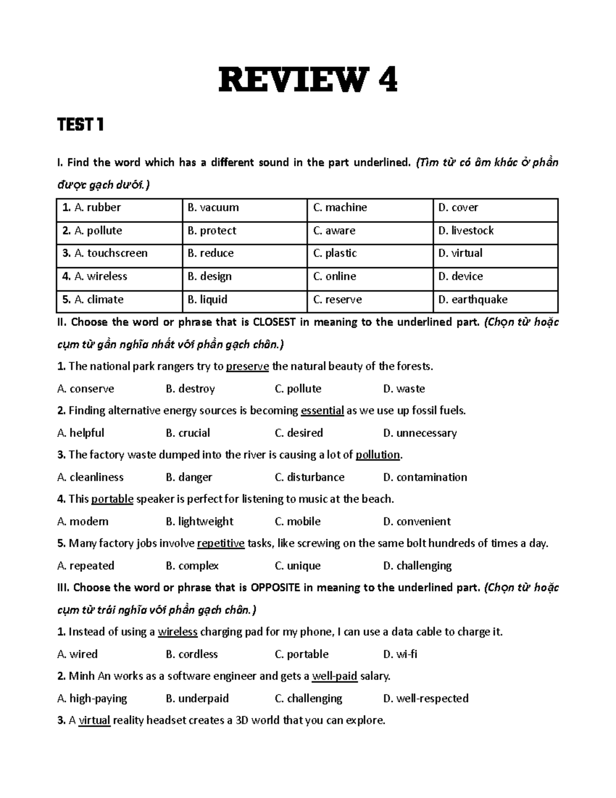 REVIEW 4 TEST 1 & 2: Vocabulary and Sentence Structure Exercises - Studocu
