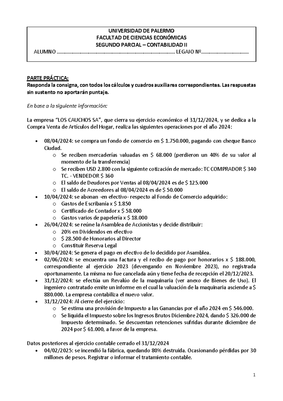 Contabilidad II - Segundo Parcial 2025: Ejercicio Práctico y Cálculos ...