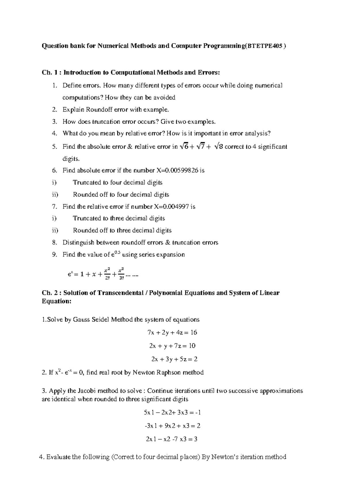 NMCP-BTETPE405 Question Bank: Numerical Methods & Programming - Studocu