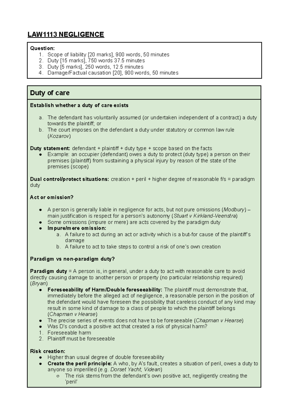 Negligence Notes: Duty of Care and Scope of Liability Analysis - Studocu