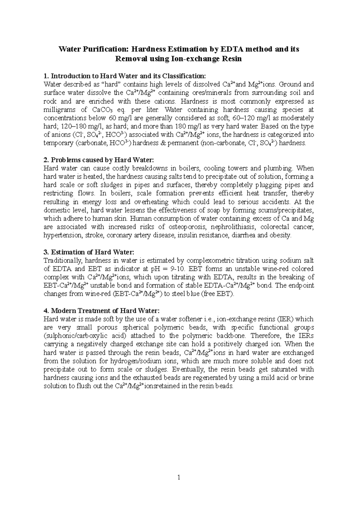 Estimation of Water Hardness & Ion-Exchange Removal (Course Code) - Studocu