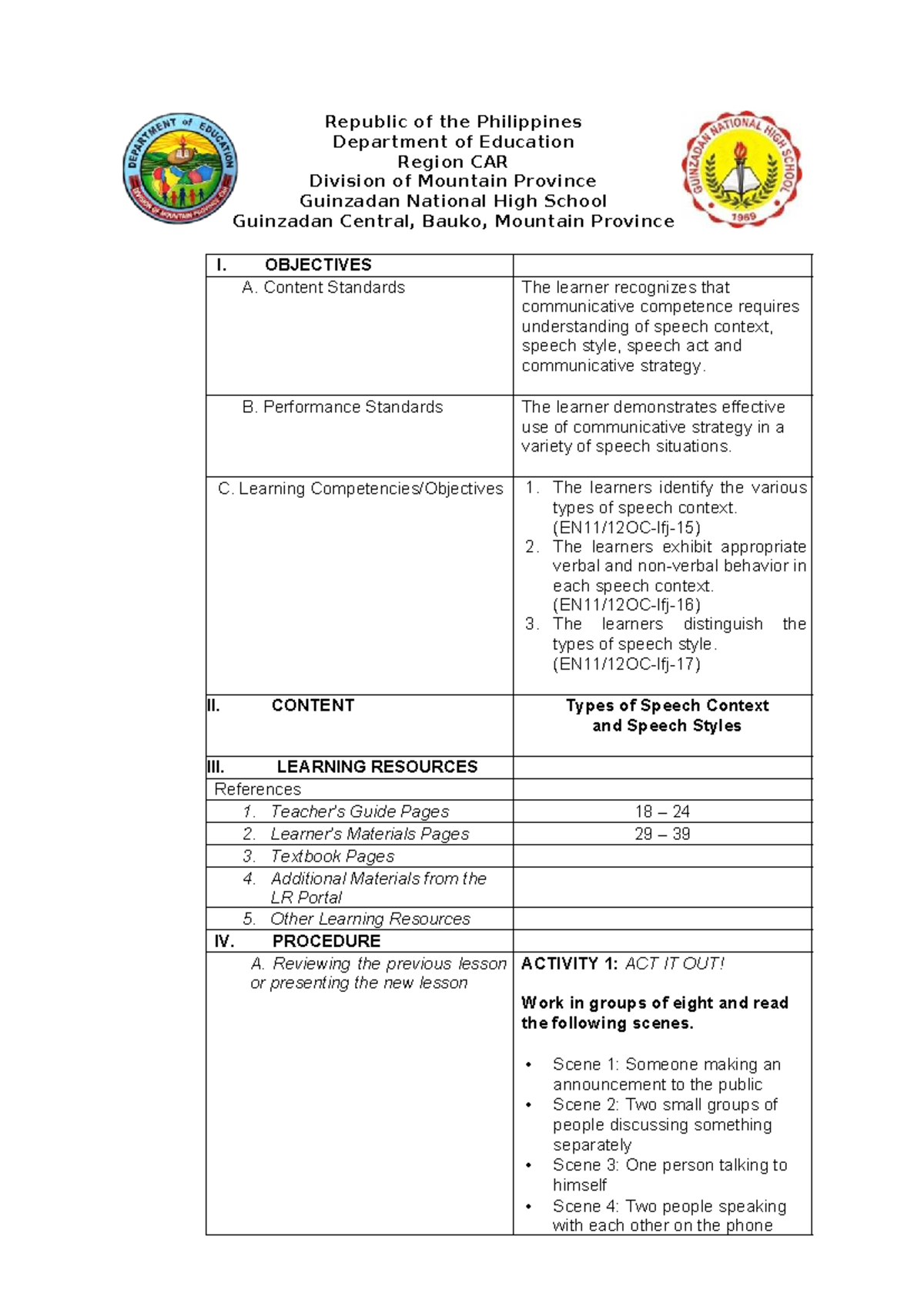 Dlloc - Daily Lesson Log on Speech Contexts and Styles - Studocu