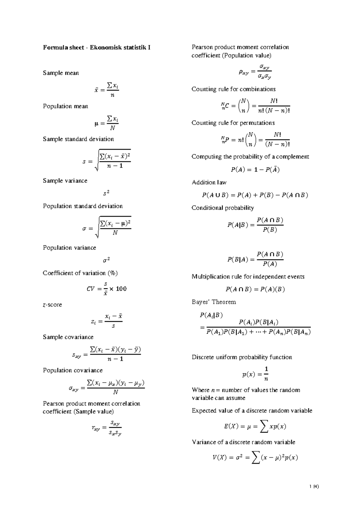 Formeblad - Formula sheet - Ekonomisk statistik I Sample mean 𝑥̅ = ∑ 𝑥 ...