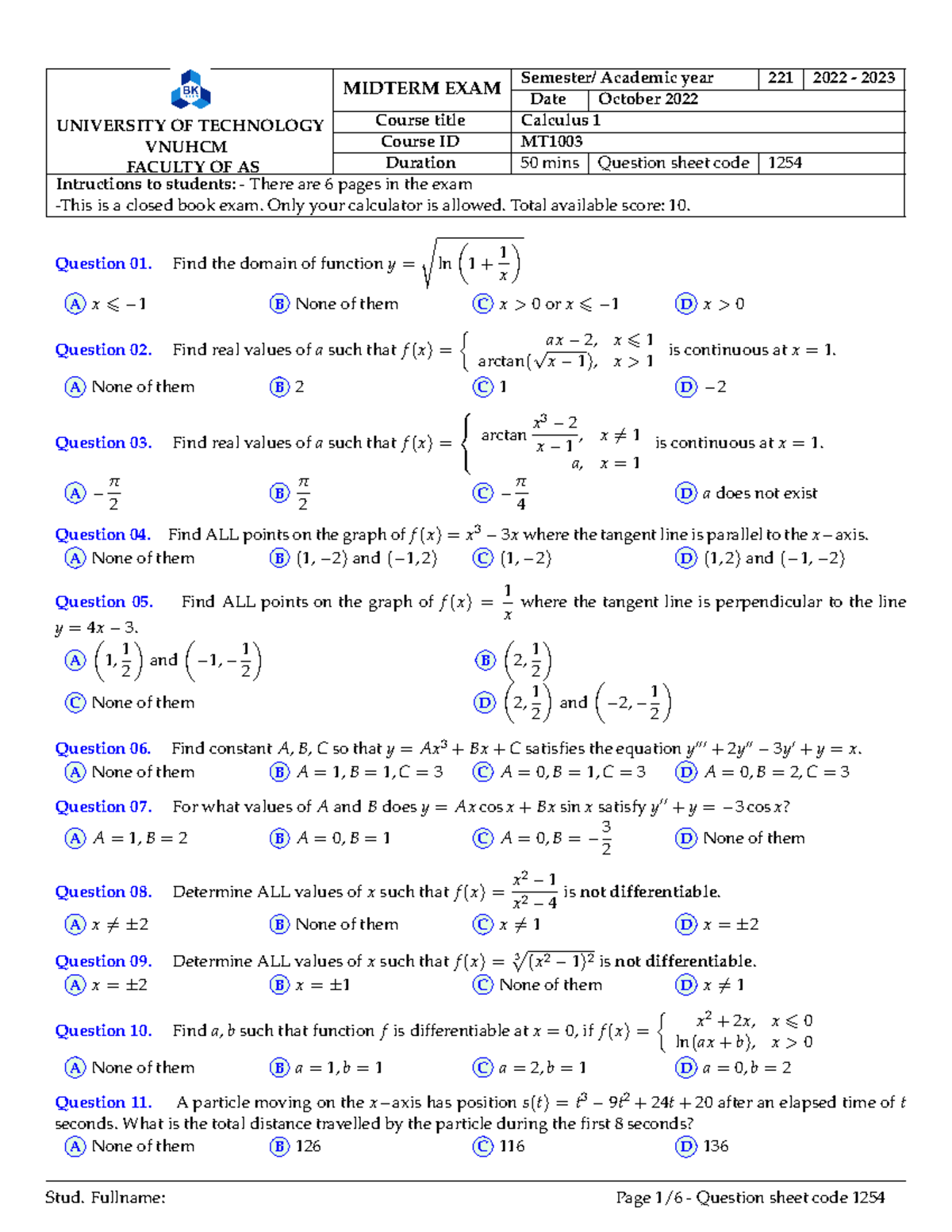 Midterm Exam MT: Calculus 1 Questions and Solutions (Oct 2022) - Studocu