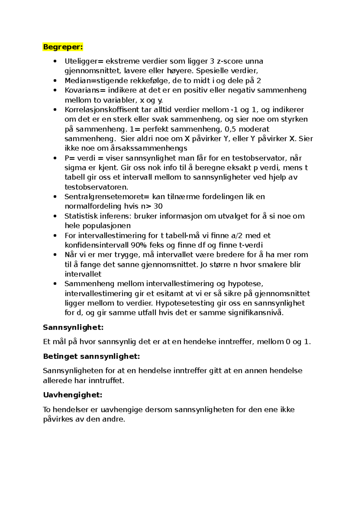 Statistikk Formler og Begreper - Øvinger (STAT101) - Studocu