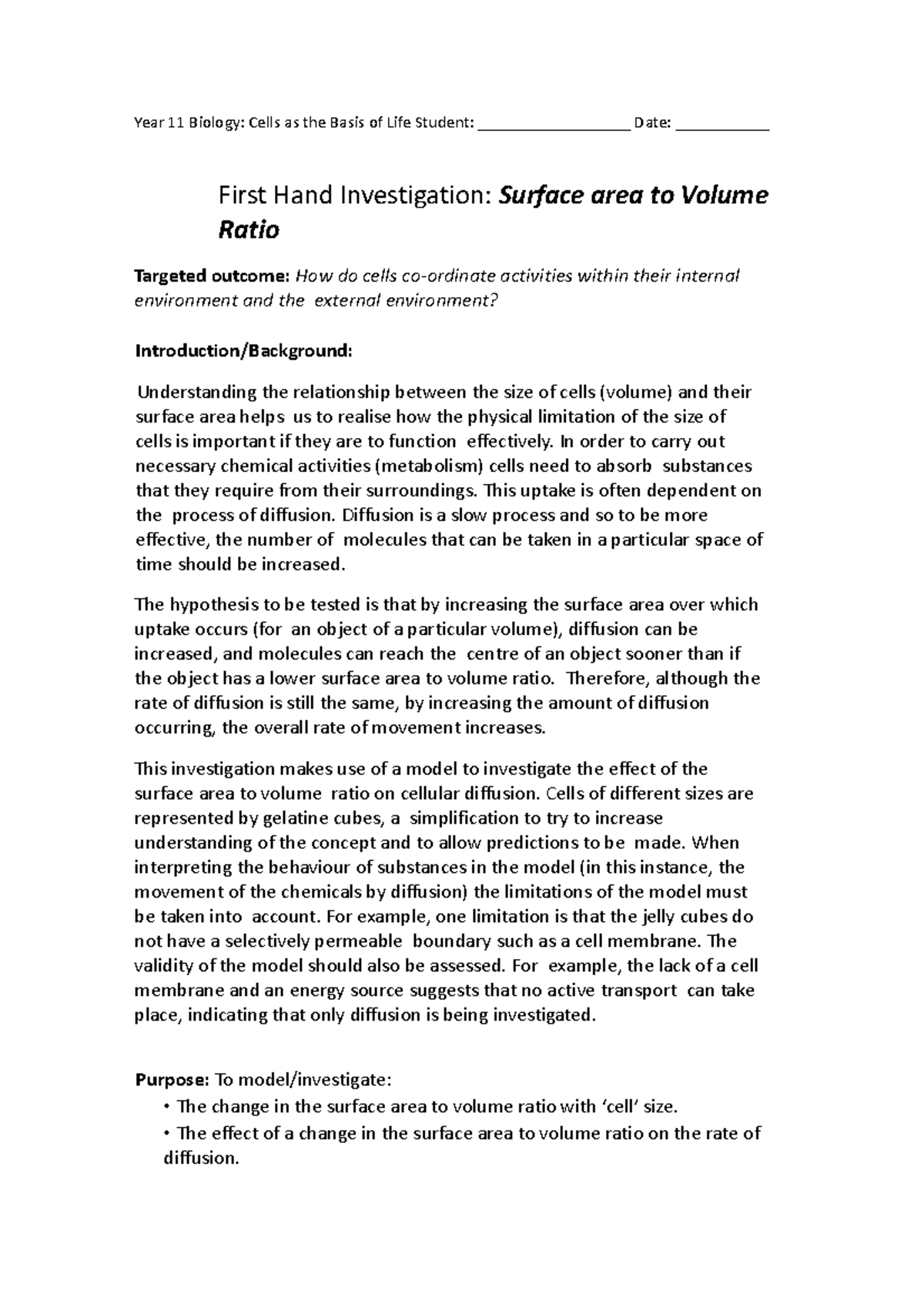 Surface Area to Volume Ratio Investigation - Year 11 Biology - Studocu