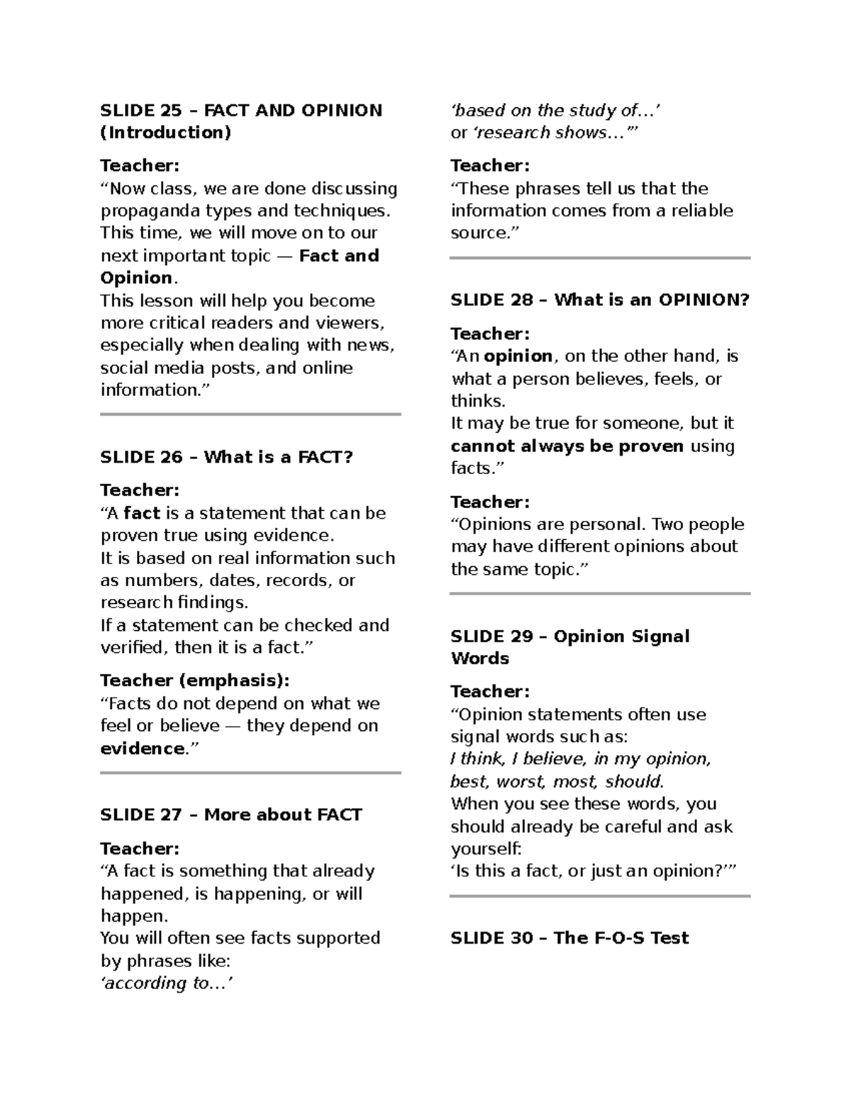 SLIDE 25: Fact and Opinion Lesson Review (Teacher's Notes) - Studocu
