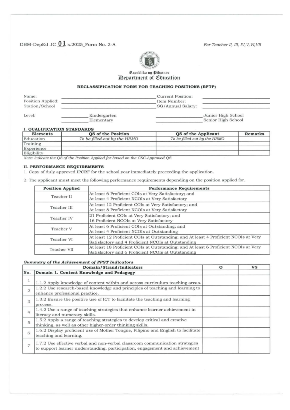 JC 01 s.2025 Reclassification Form for Teacher II-VII Positions - Studocu