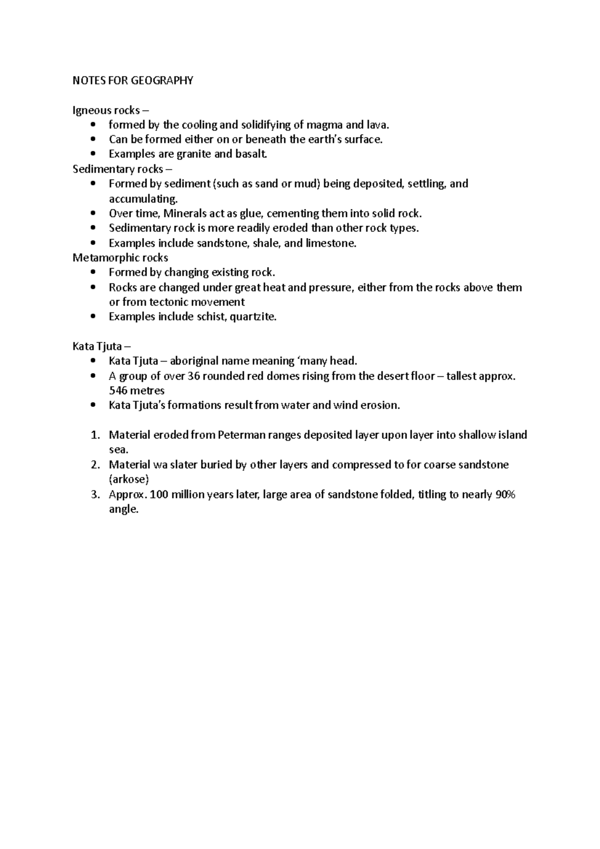 Geography Notes: Rock Types and Kata Tjuta Formation Overview - Studocu