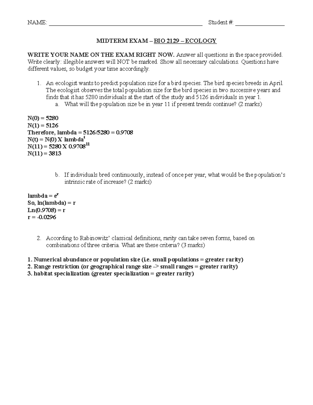Midterm 1 Exam Practice Questions for BIO 2129 Ecology - Studocu