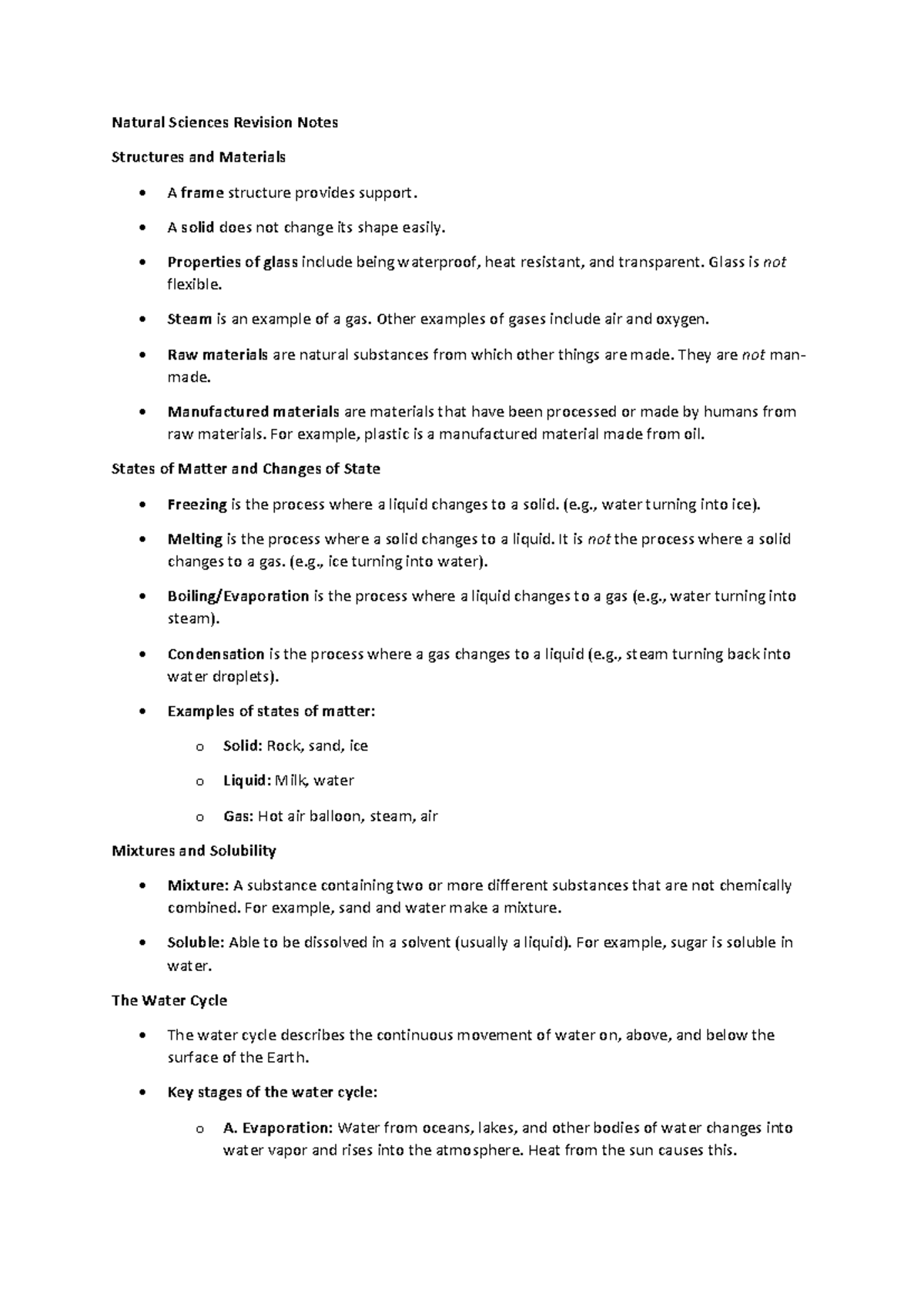 Natural Sciences Revision Notes: Structures, States & Water Cycle - Studocu