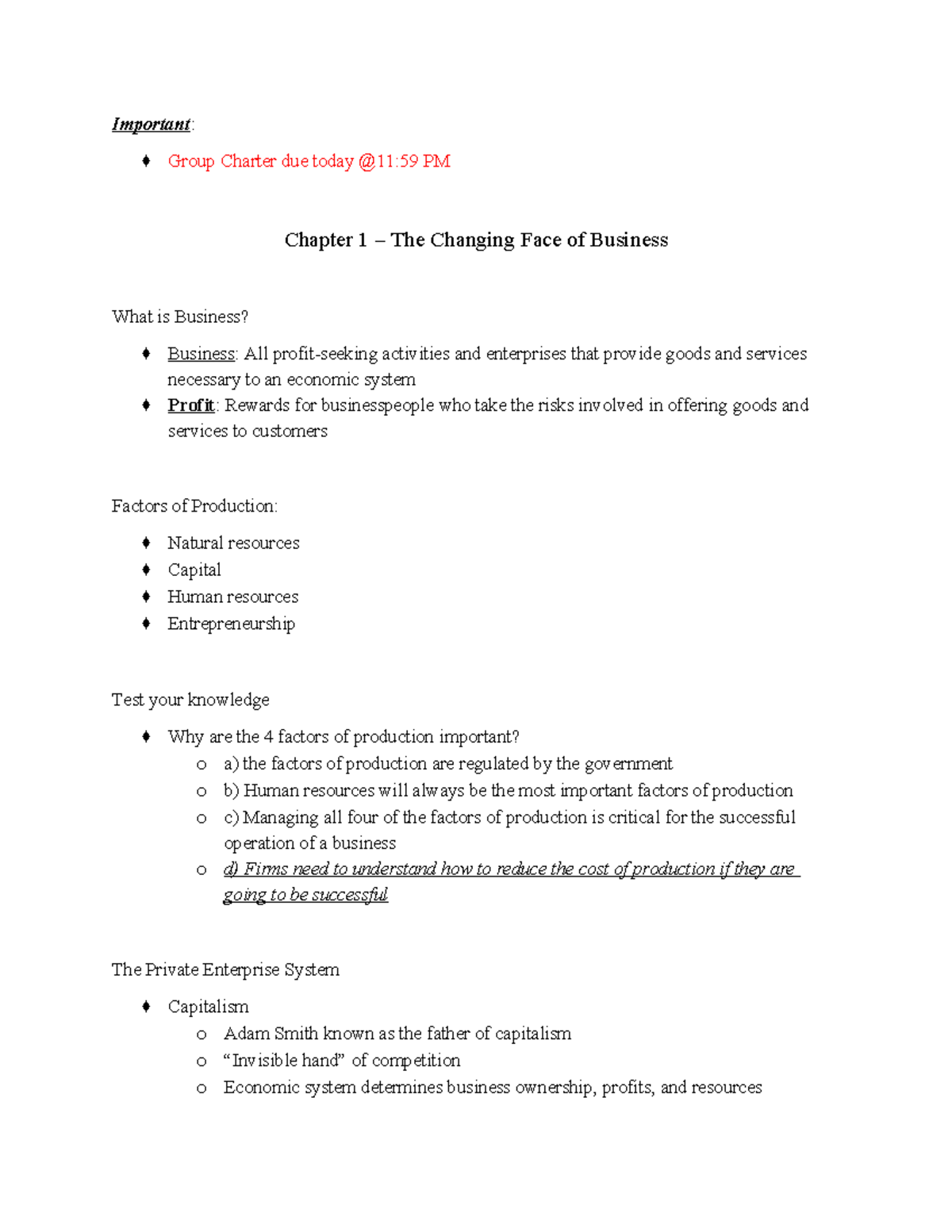 BUSI 101 Lecture Notes: Chapter 1 - The Changing Face of Business - Studocu