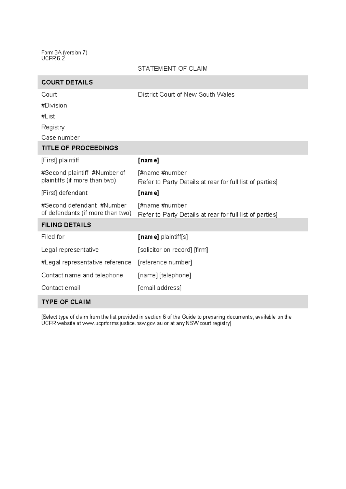 UCPR Form 3A - Statement of Claim and Filing Instructions (Version 7 ...