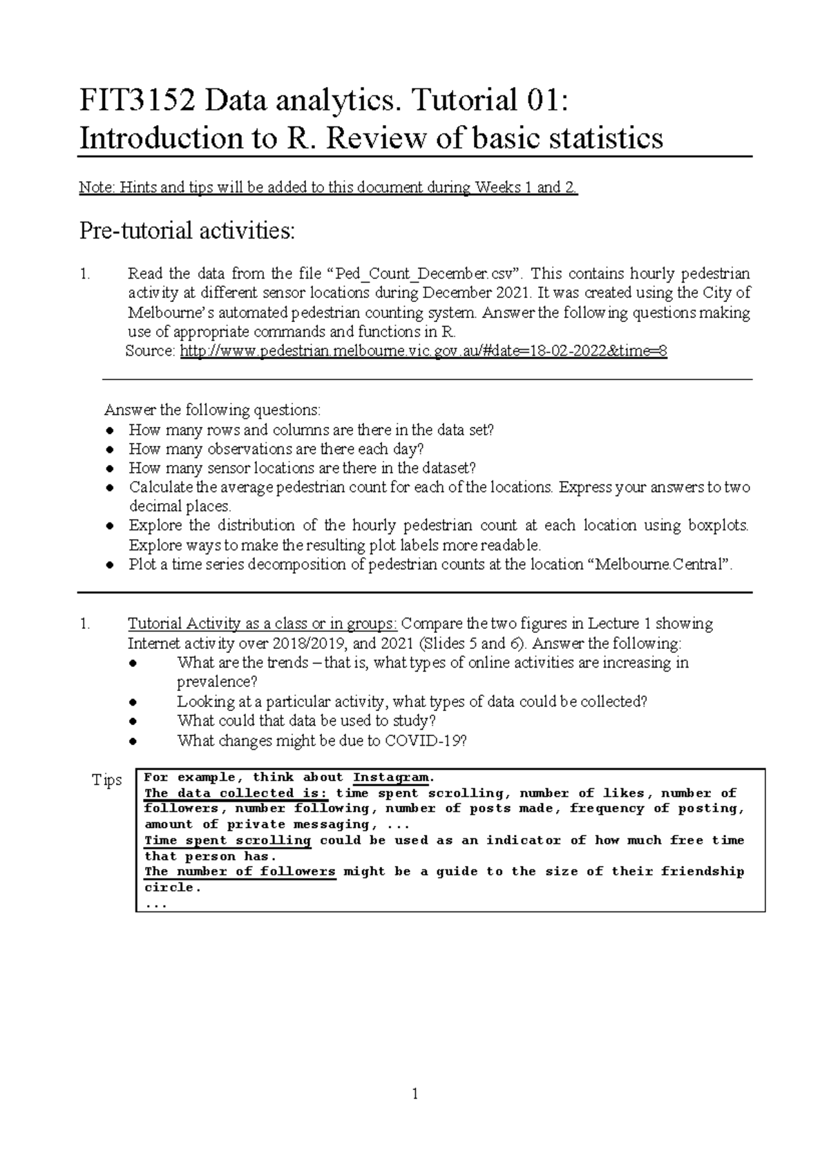 FIT3152 Data Analytics Tutorial 01: Introduction to R & Statistics ...