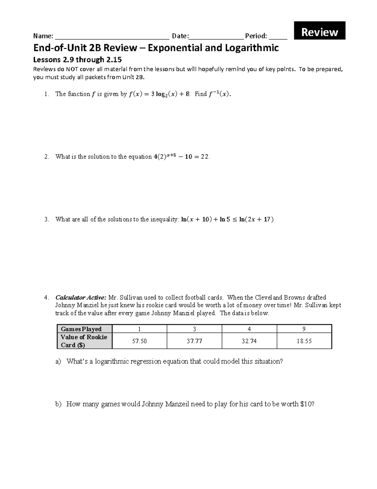 Unit 2B Review: Exponential & Logarithmic Functions Guide - Studocu