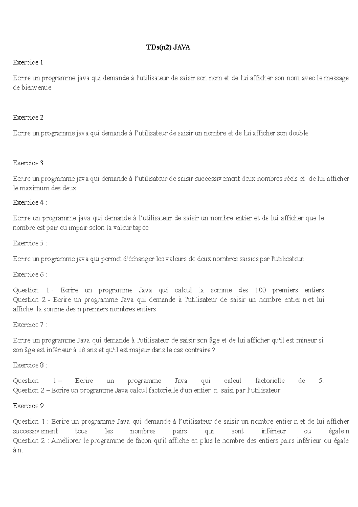 TDs JAVA 08-11-2023 - Exercices de programmation basique - Studocu