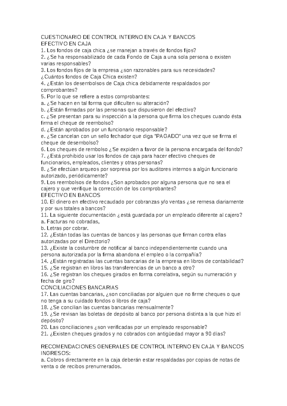 Cuestionario de Control Interno en Caja y Bancos - Pdf-CU101 - Studocu
