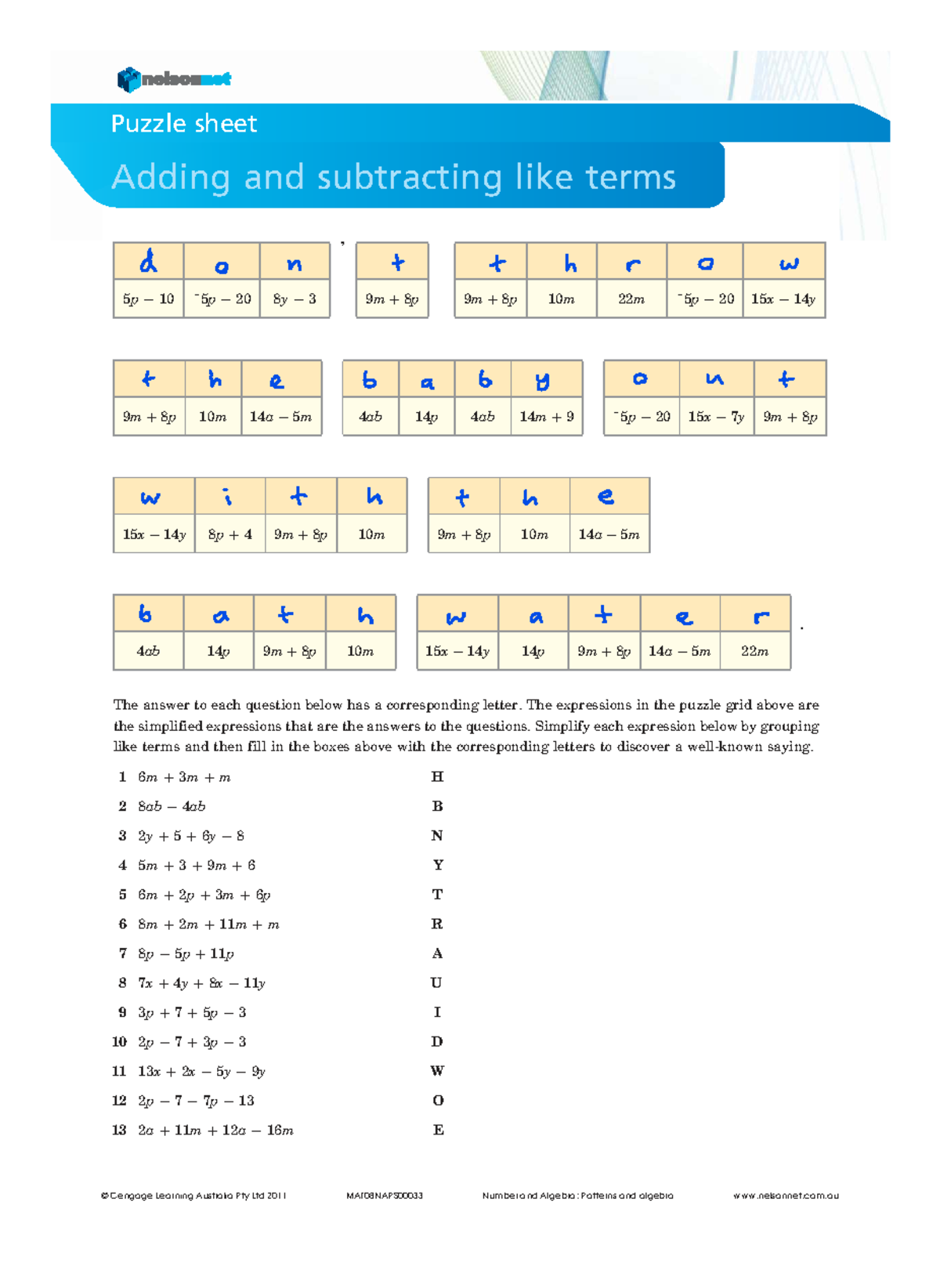 Adding and Subtracting Like Terms Puzzle Sheet (Math 5P) - Studocu