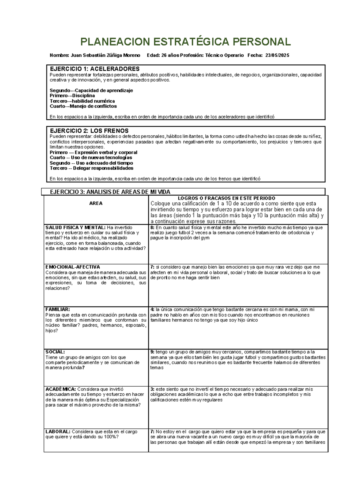 Taller de Planeación Estratégica Personal - Ejercicios y Análisis - Studocu