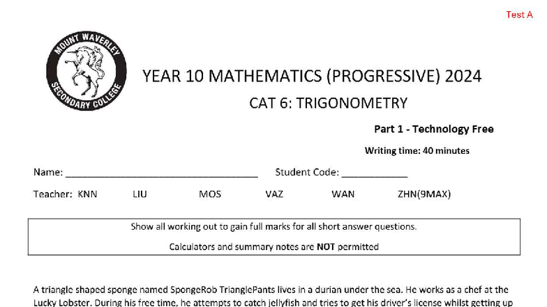 Year 10 Mathematics CAT 6: Trigonometry Test A - 2024 - Studocu