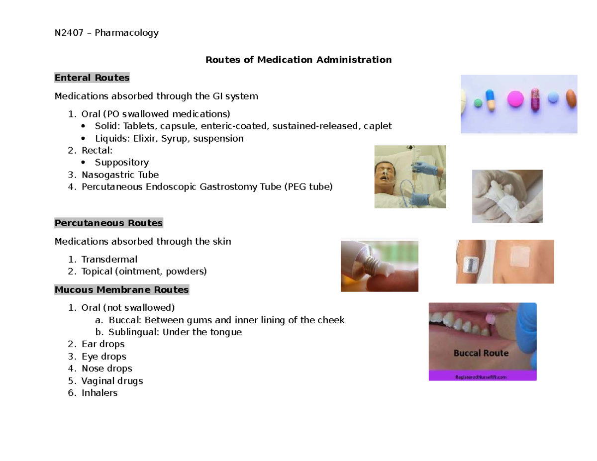 N2407 Pharmacology: Routes of Medication Administration Overview - Studocu