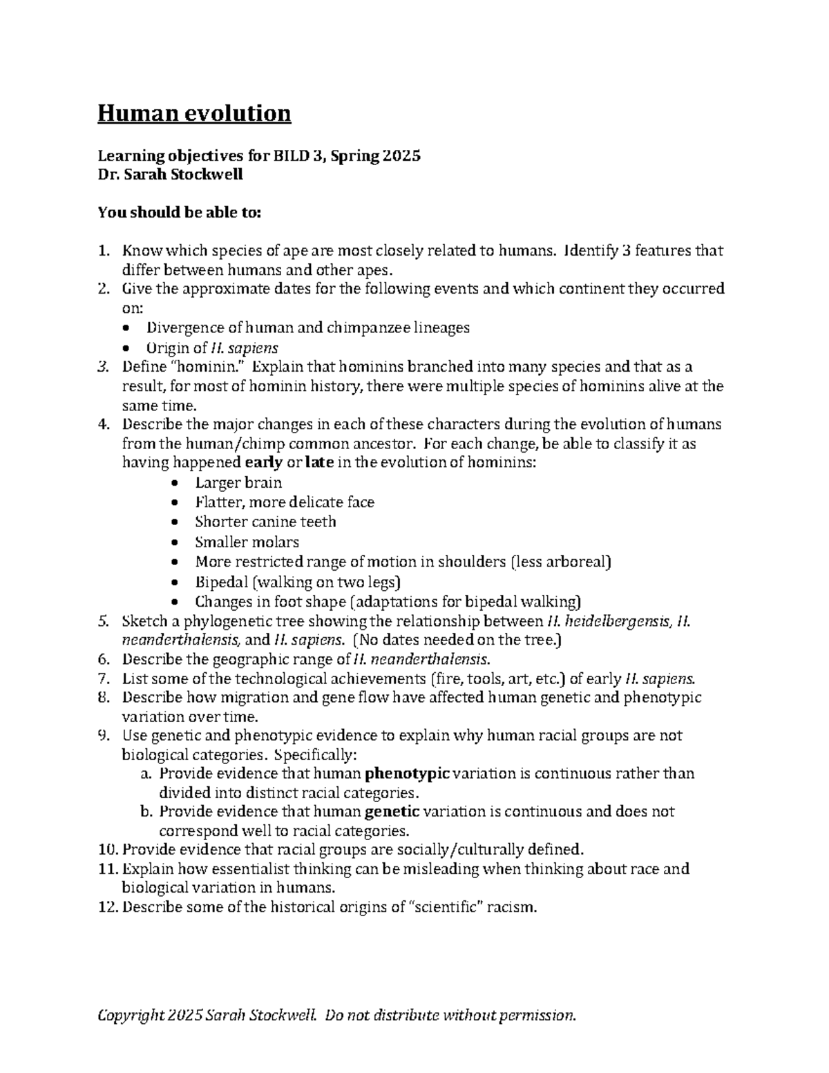 Human Evolution Learning Objectives for BILD 3 - Spring 2025 - Studocu