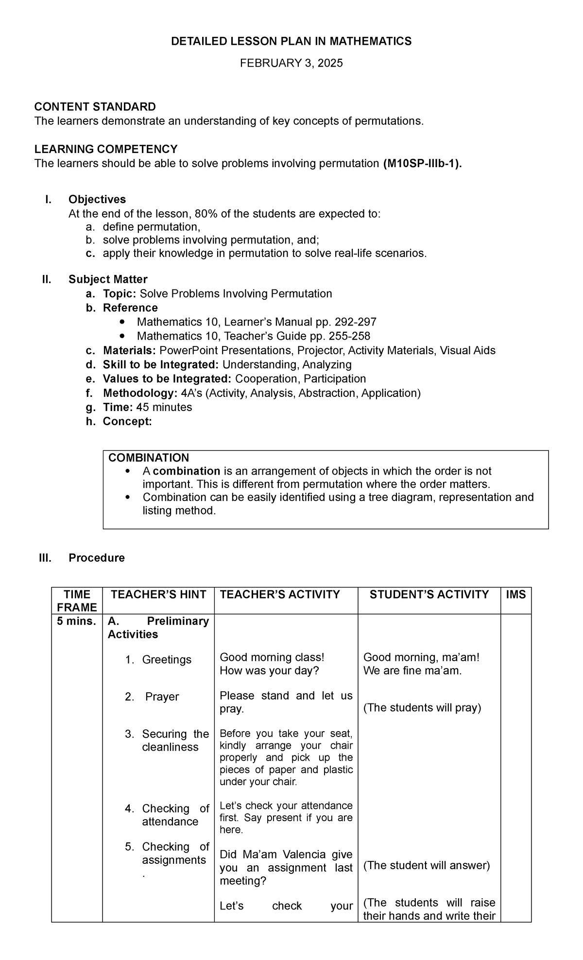 No. 2 Solving Problems Involving Permutatios - DETAILED LESSON PLAN IN ...