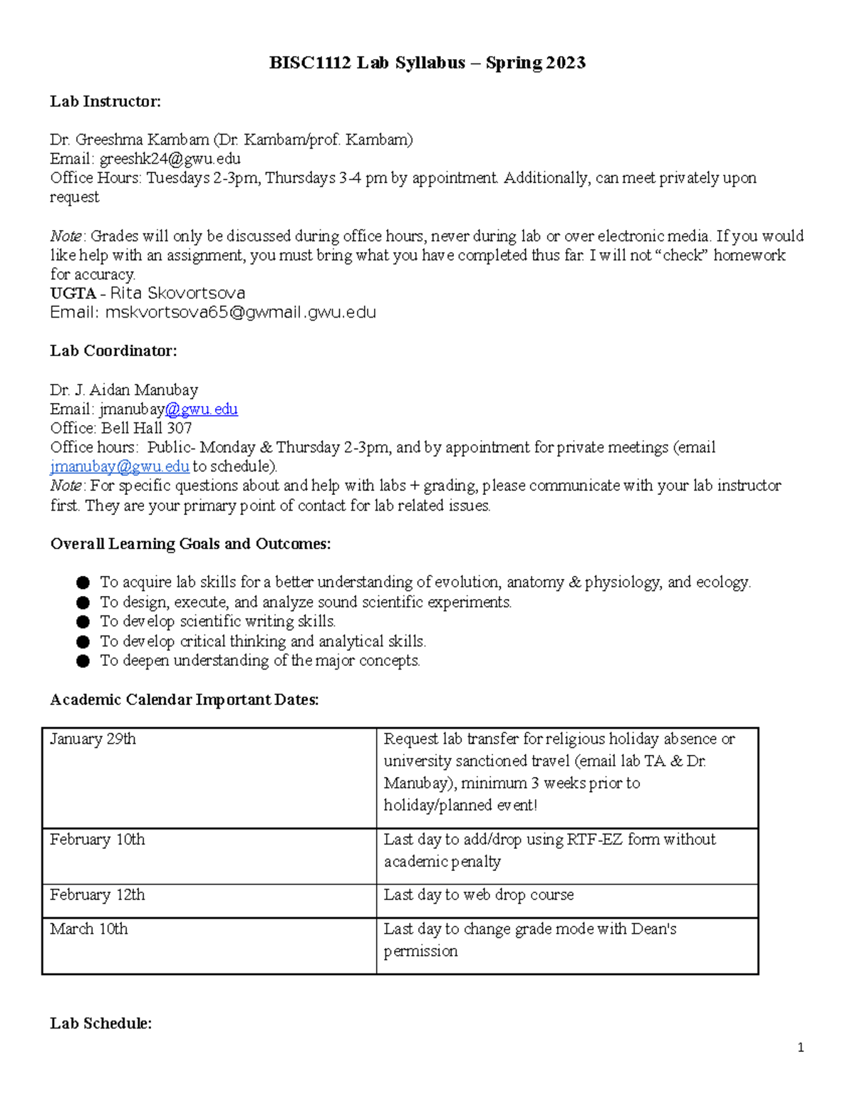 BISC1112 Spring 2023 Lab Syllabus: Guidelines & Important Info - Studocu