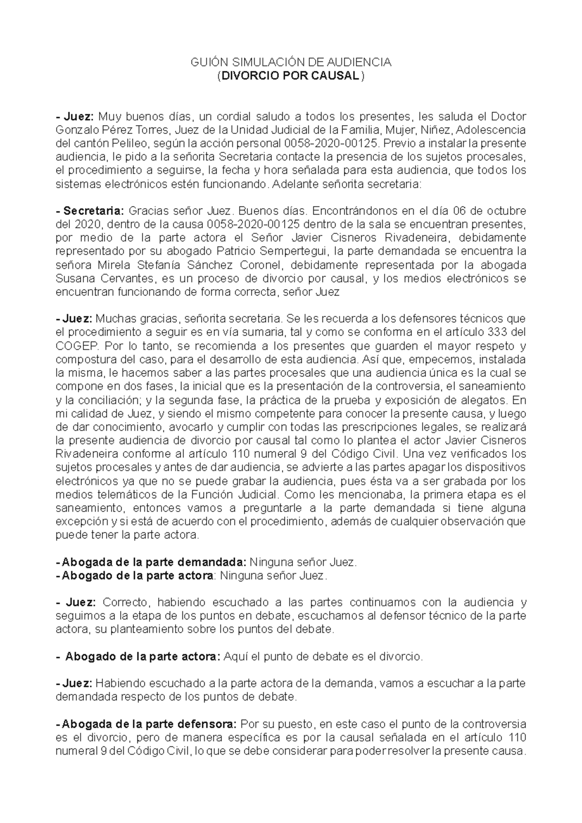 Guión de Simulación de Audiencia - Divorcio por Causal (Causa 0058-2020) - Document Preview