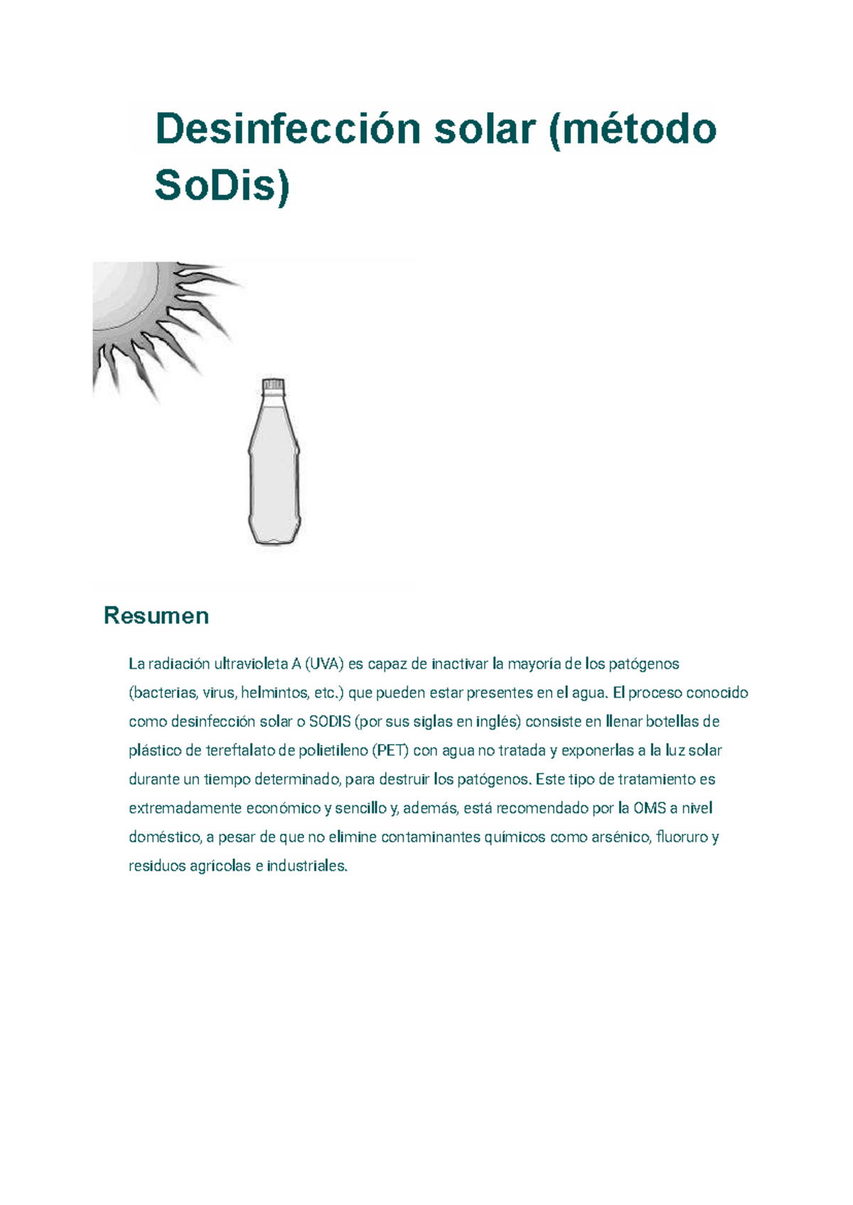 Desinfección Solar (Método SoDis): Resumen y Consideraciones Clave ...