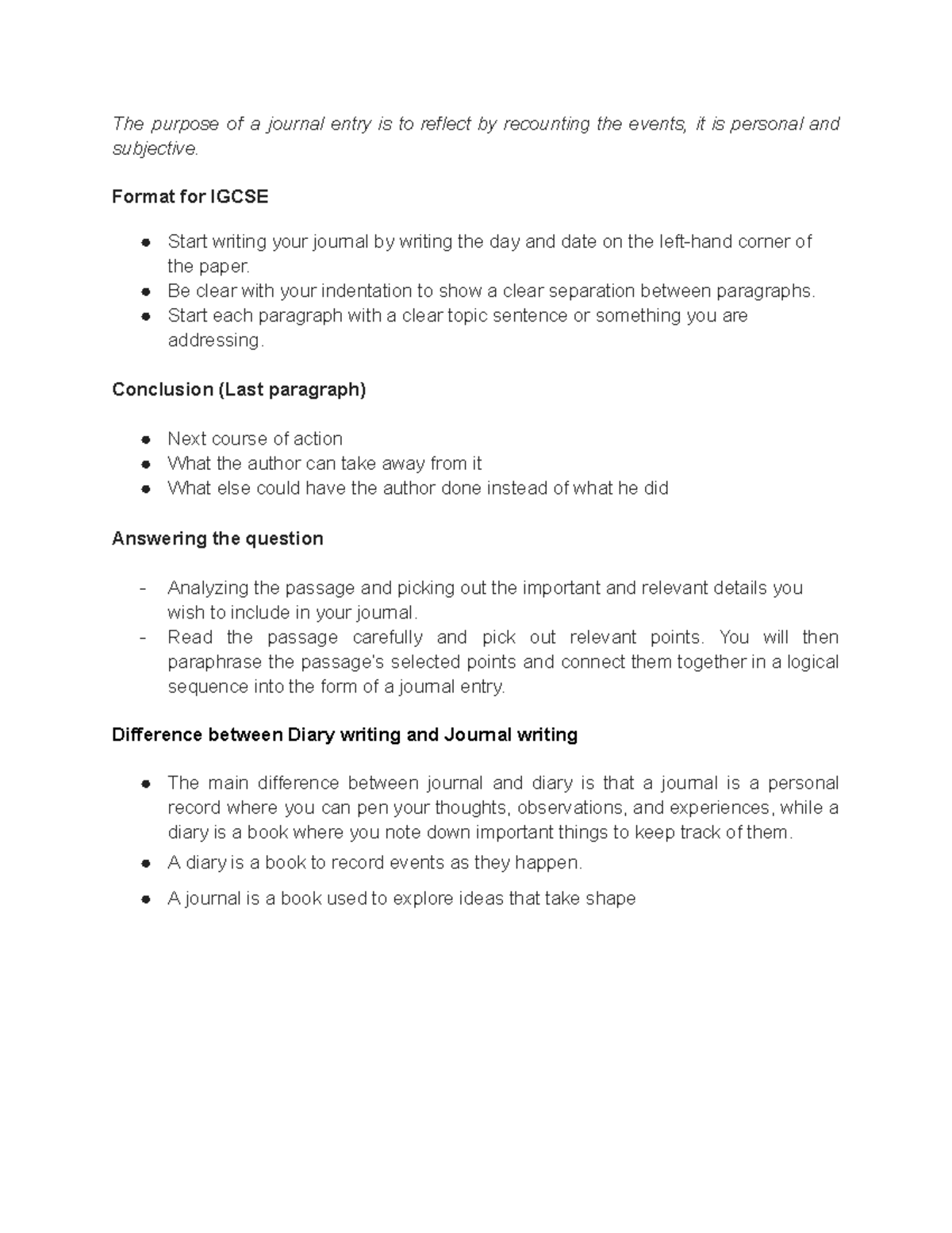 IGCSE Journal Writing Format: Reflective Entry Guidelines - Studocu