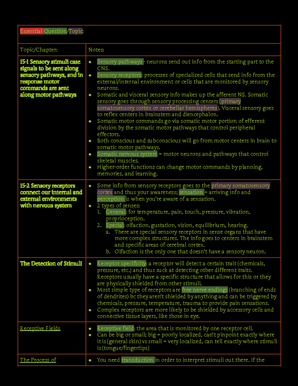 Cornell Chapter 15: Sensory Pathways and Somatic Nervous System Notes ...