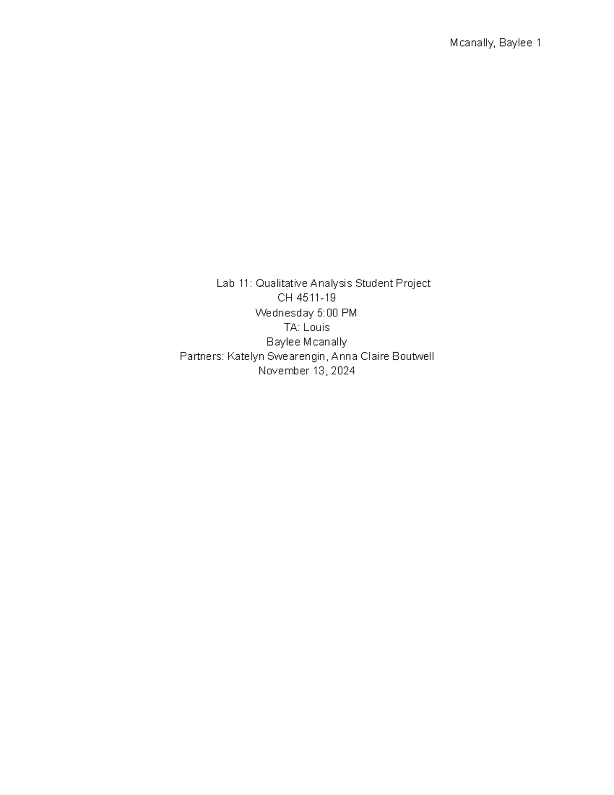 CH 4511 Lab 11: Qualitative Analysis Project Overview - Studocu