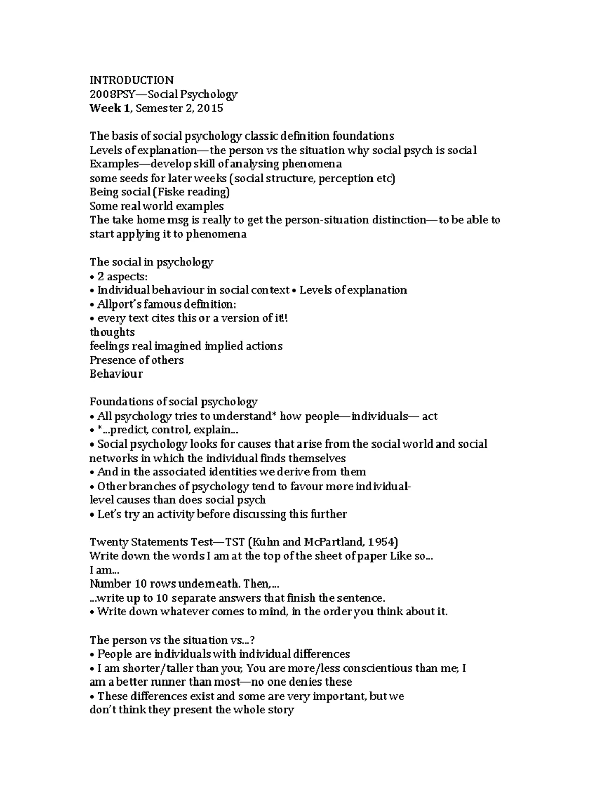 Week 1 Lecture Notes: Intro to Social & Cultural Psychology - Studocu