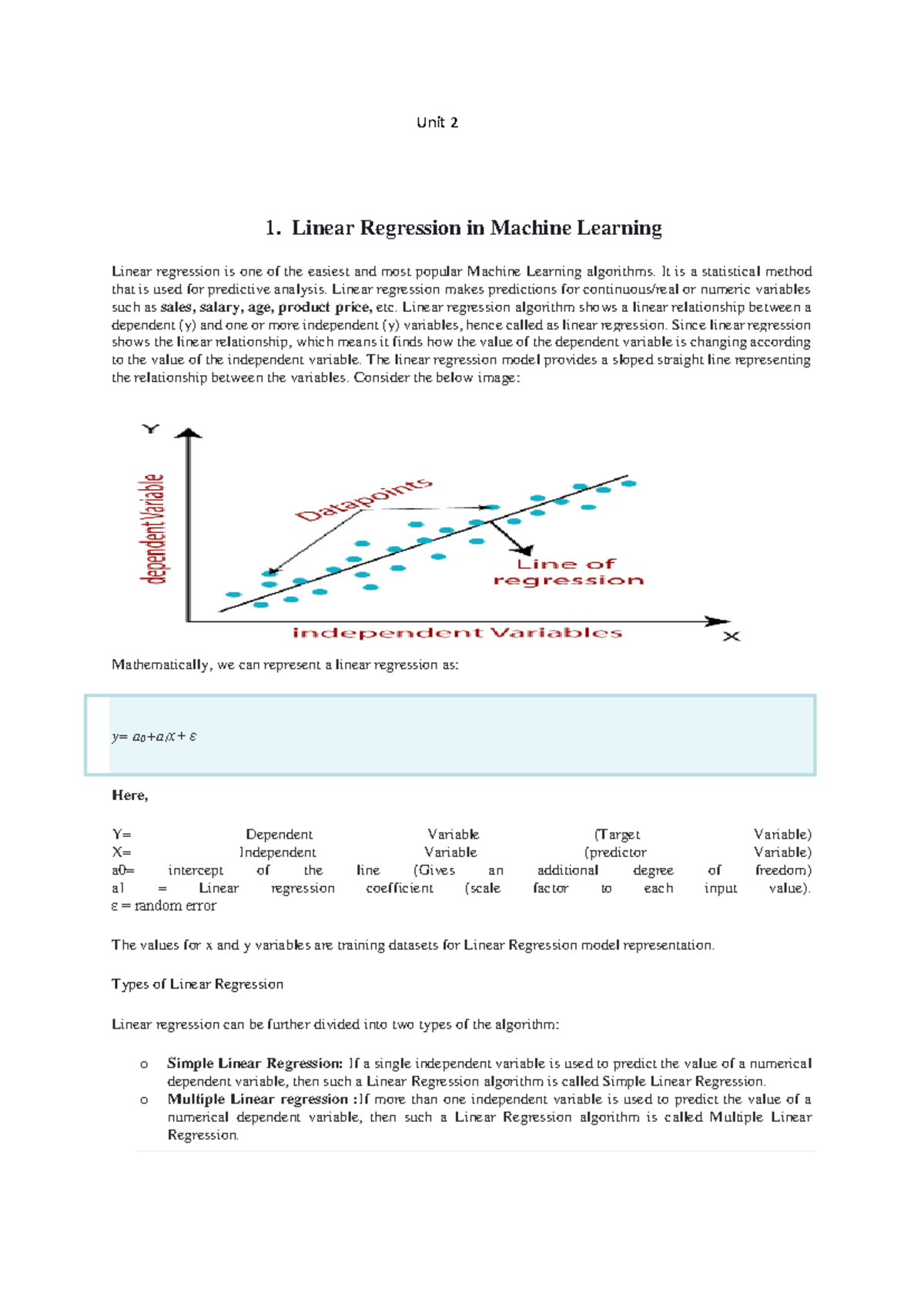 Unit 2&3 - Notes - Unit 2 1. Linear Regression in Machine Learning ...