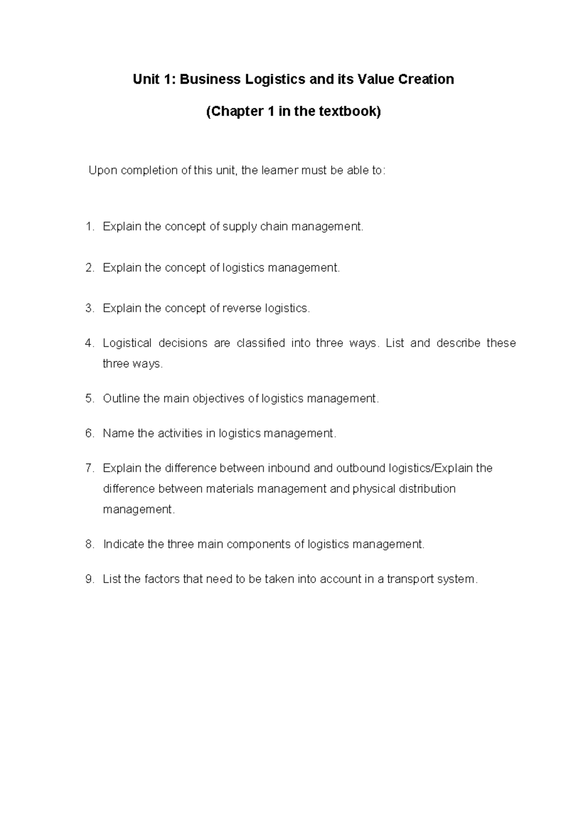 Unit 1-6: Business Logistics & Supply Chain Management Objectives - Studocu