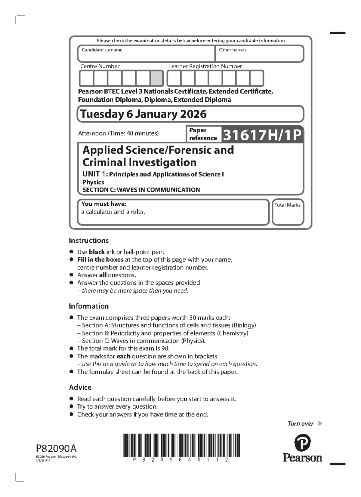 2026 Jan BTEC Level 3 Unit 1 Physics Exam Paper - Waves in ...