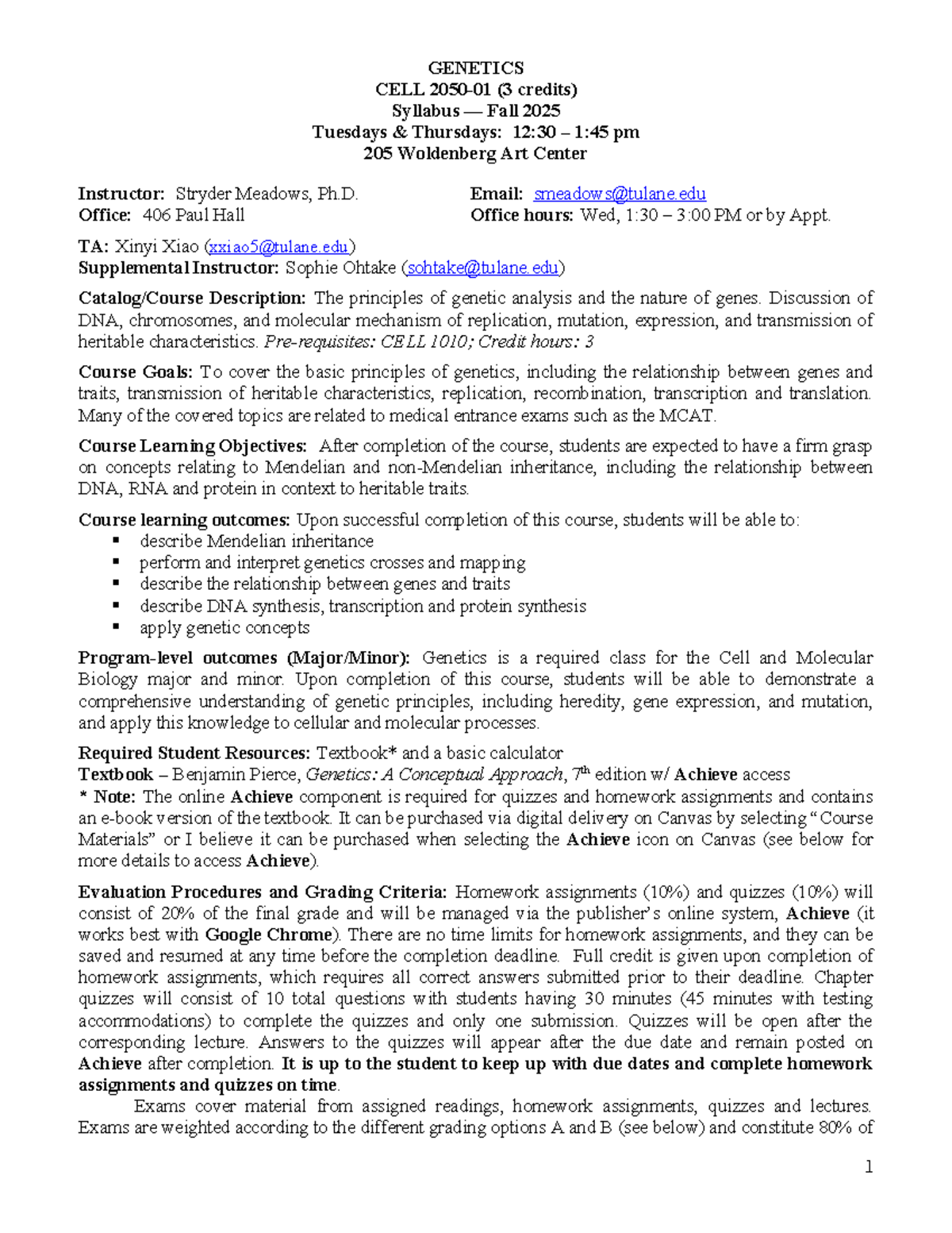 Genetics (2050-01) Syllabus: Fall 2025 Course Overview and Schedule ...