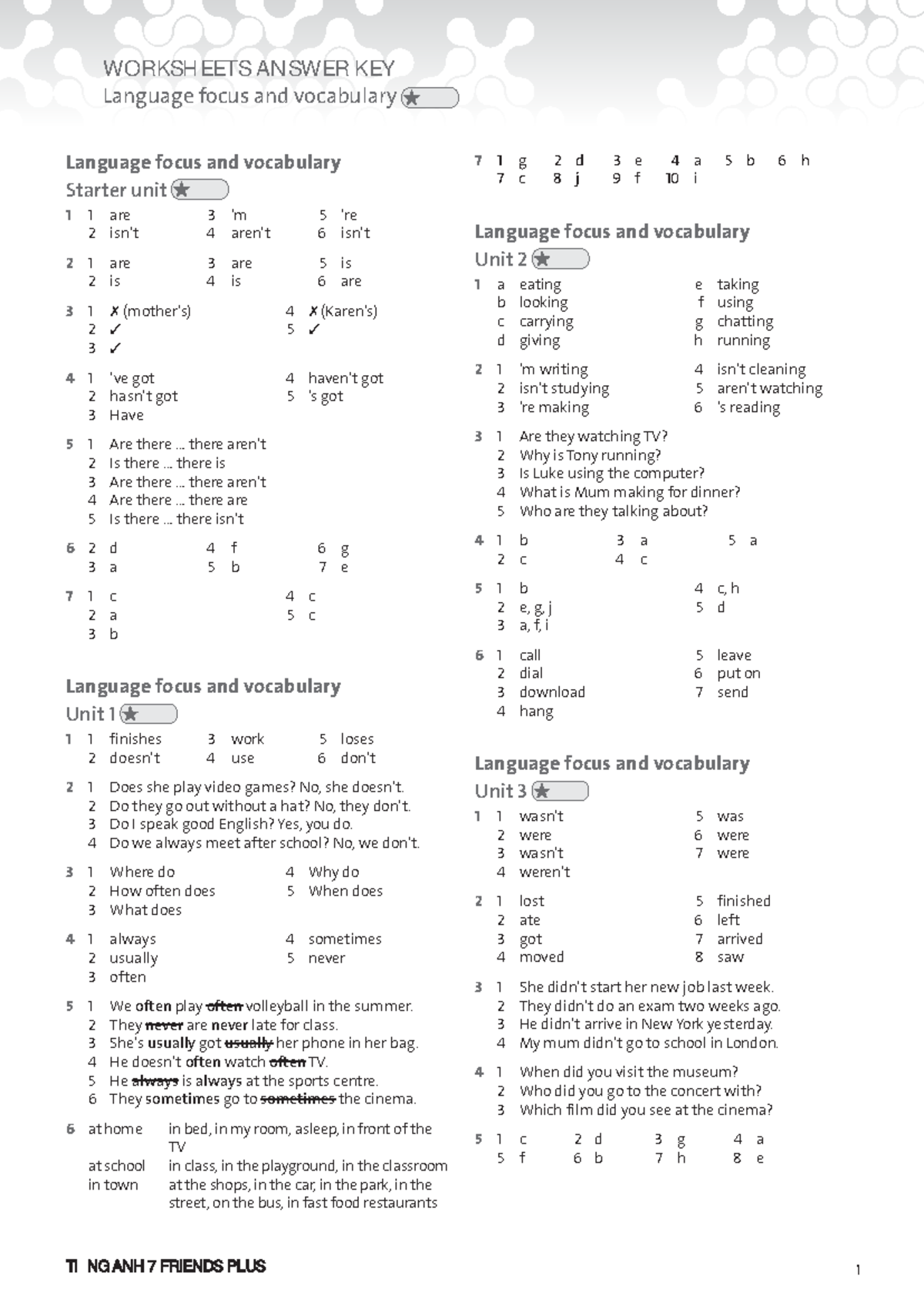 Tiếng Anh 7 Friends Plus Extra WS - Answer key - Language focus and ...