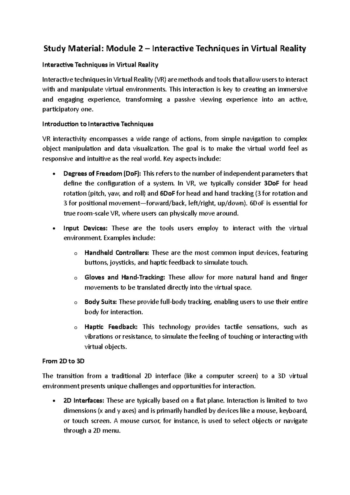 Module 2 Study Material: Interactive Techniques in Virtual Reality ...