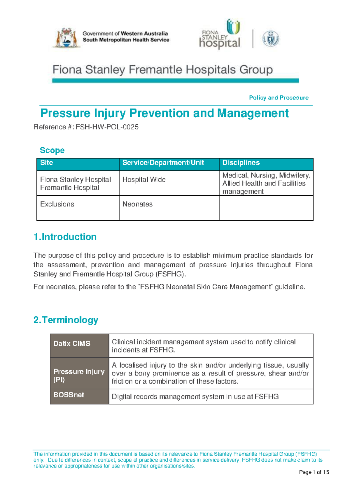 FSFHG Policy: Pressure Injury Prevention & Management Guidelines - Studocu