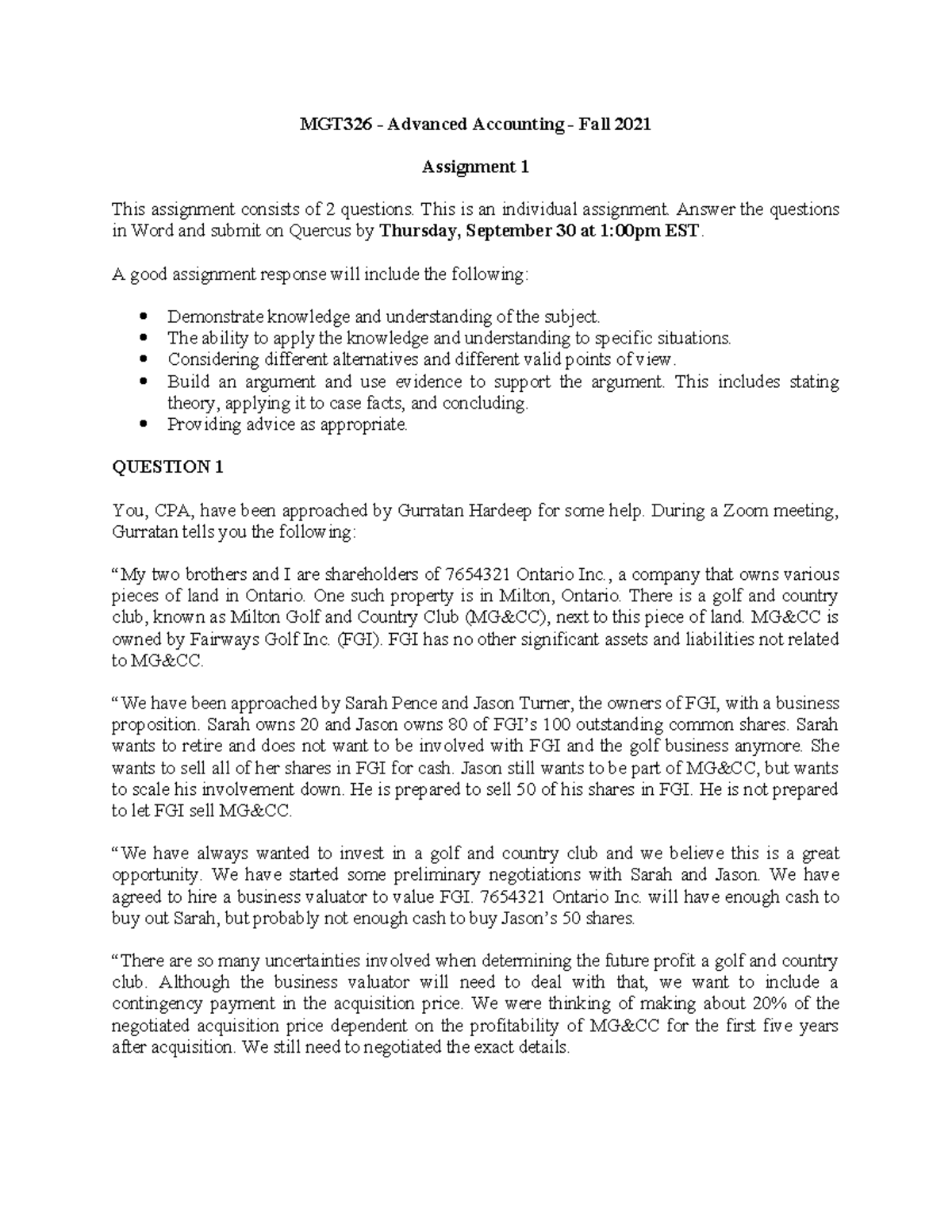 MGT326 Fall 2021 Advanced Accounting Assignment 1 Guide - Studocu