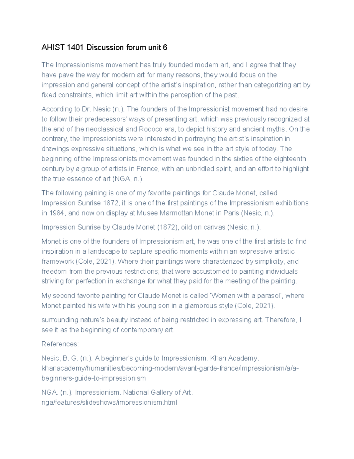AHIST 1401 Discussion Forum: Understanding the Impressionism Movement ...