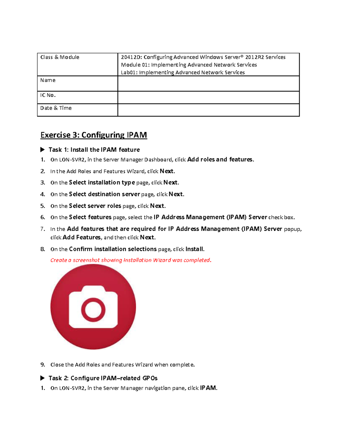 Class Module 20412D: Lab 01 - Configuring IPAM and DHCP Scope - Studocu