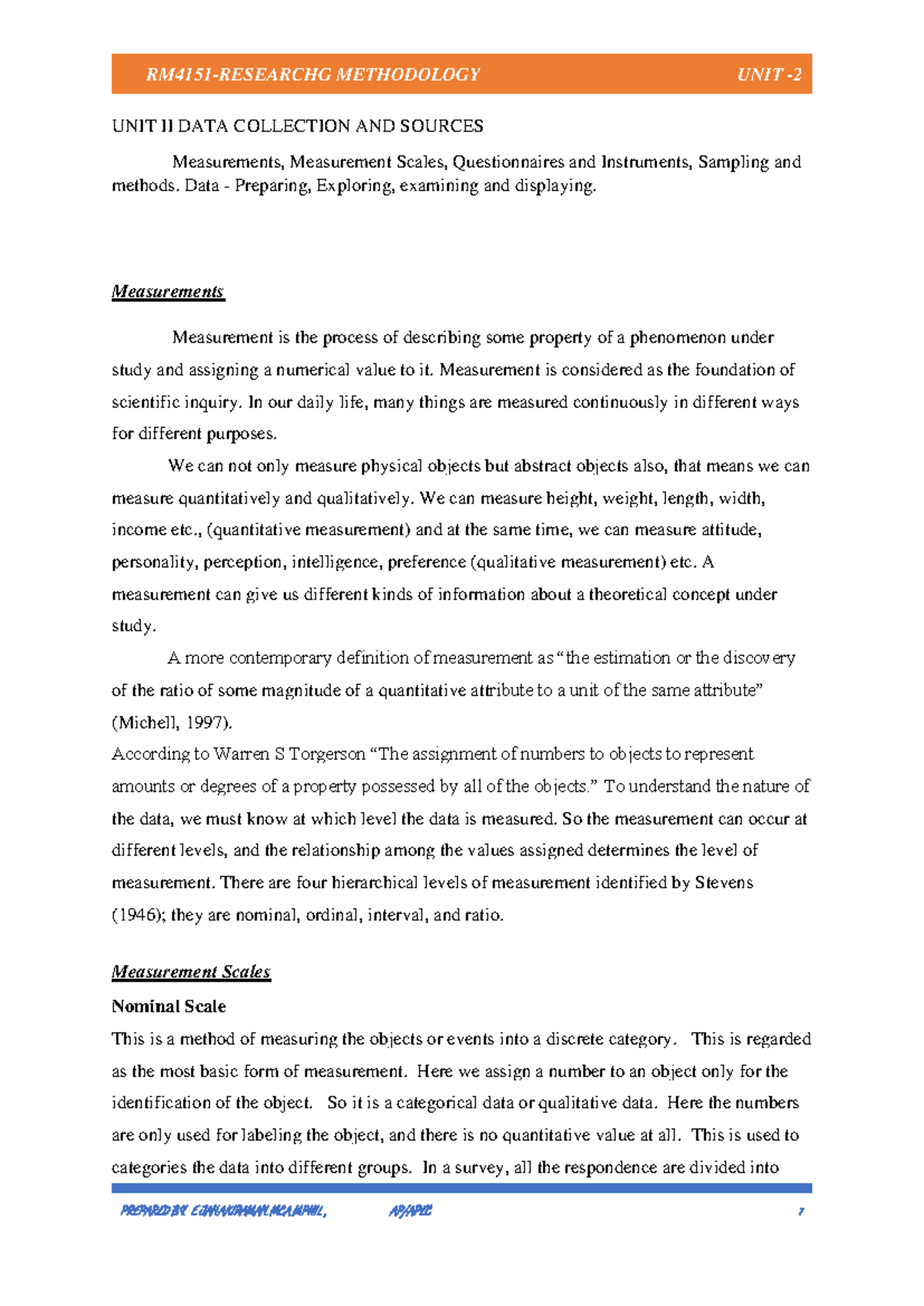 UNIT II: Data Collection and Sources - Measurements & Sampling Methods ...
