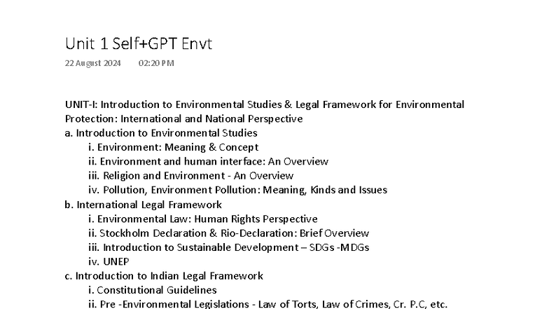 Unit 1 ENVT 22: Intro to Environmental Studies & Legal Frameworks - Studocu