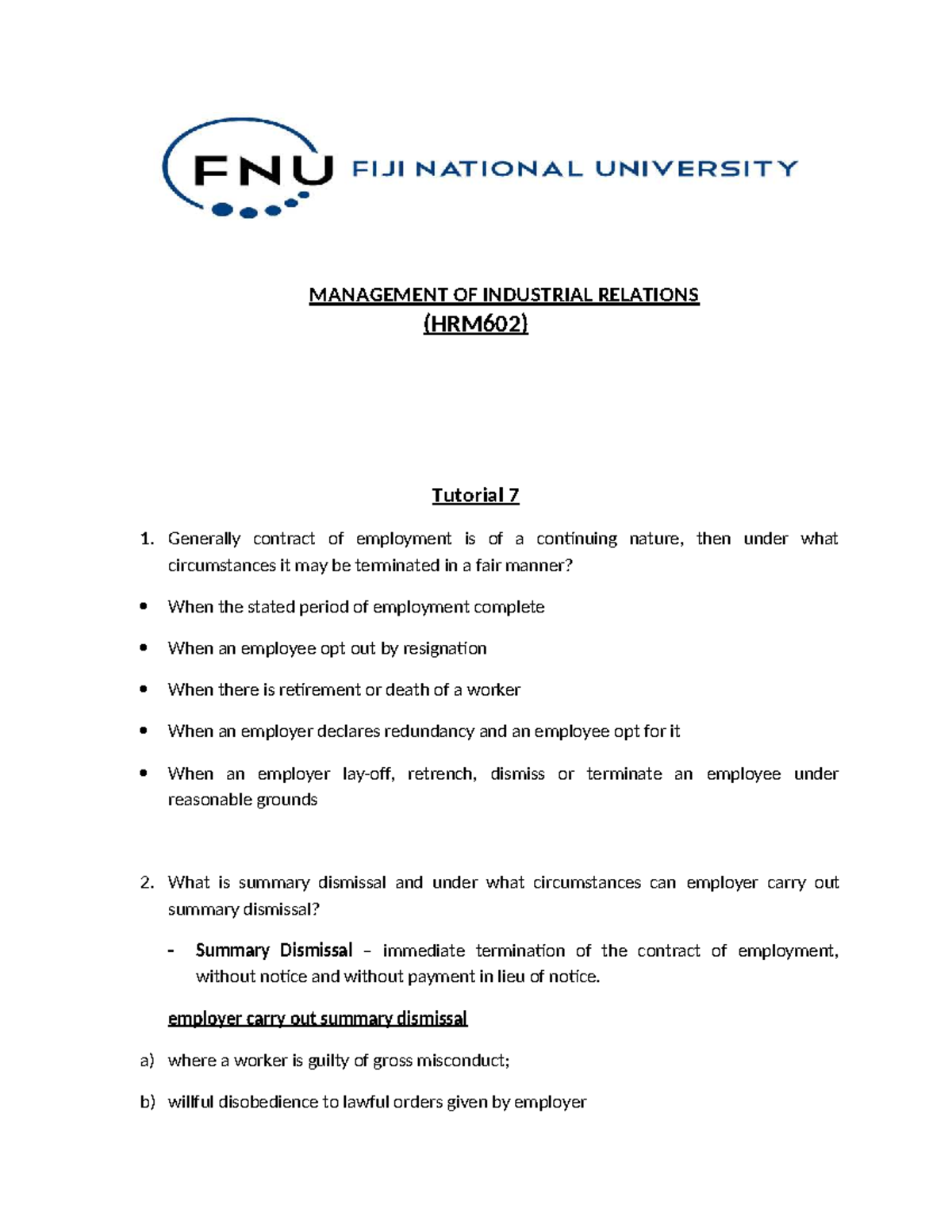 Tutorial 7: Fair and Unfair Dismissal in HRM602 - Studocu