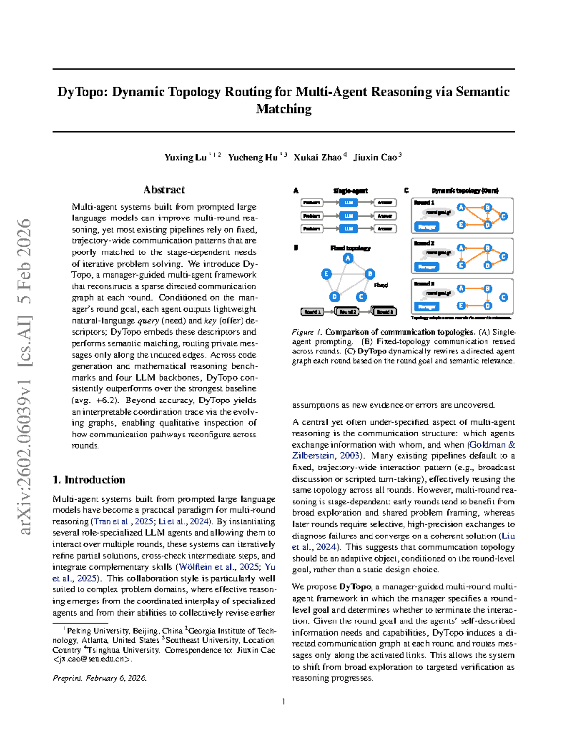 DyTopo: Dynamic Topology Routing for Reasoning via Semantic Matching ...