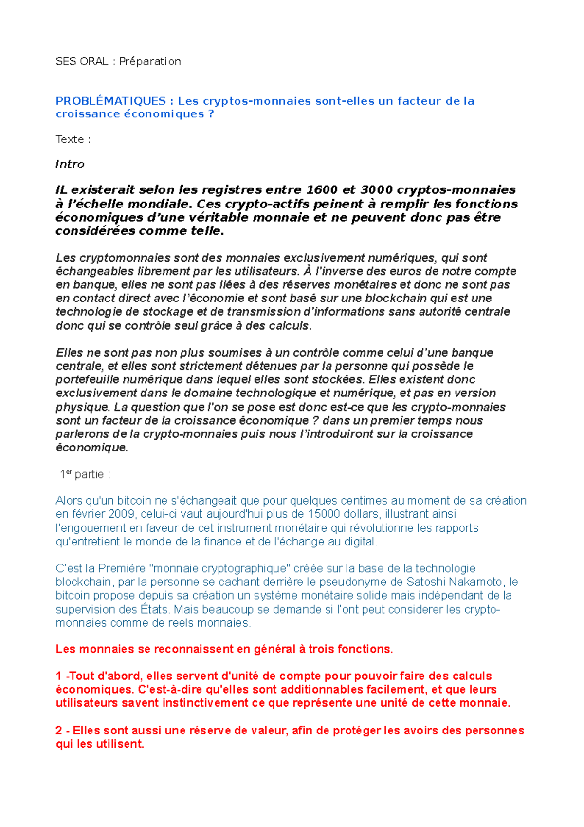 Grand Oral SES - Impact des Cryptomonnaies sur la Croissance Éco - Studocu