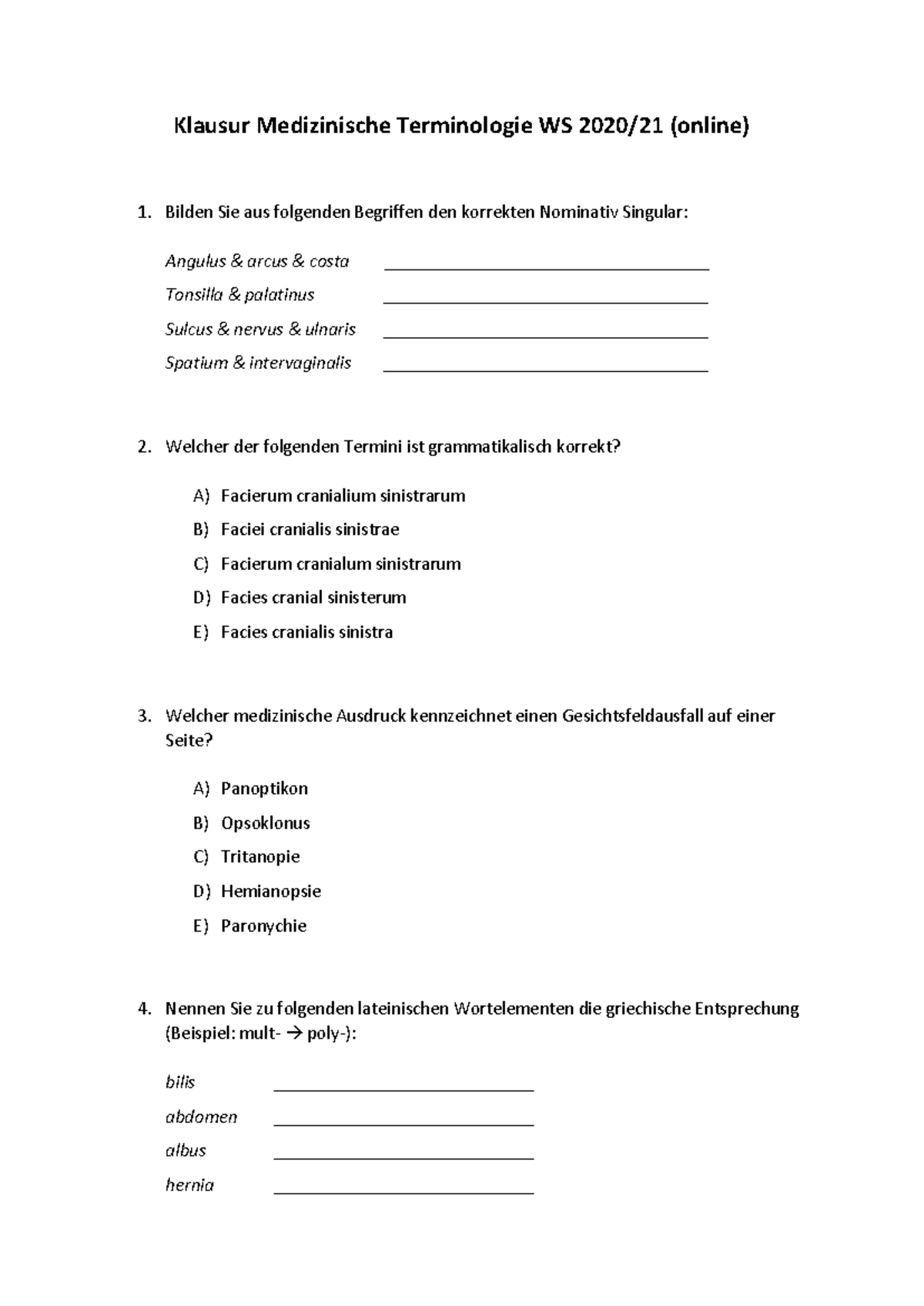Klausur Medizinische Terminologie WS 2020/21 - Prüfungsfragen und ...